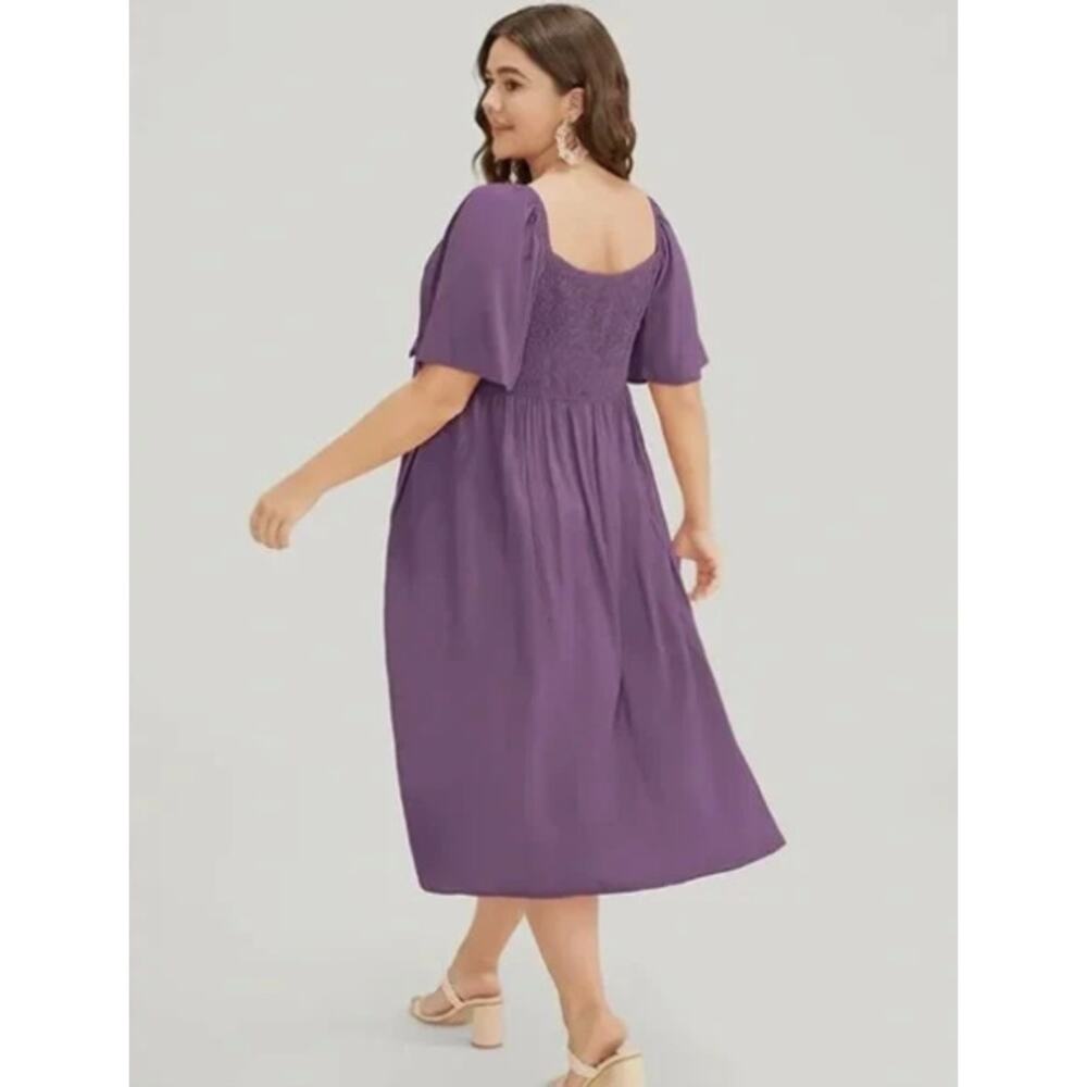 BloomChic Womens 6X 30 V Neck Ruched Knot Midi Dress Pocket Ruffle Hem NWT - Picture 3 of 13